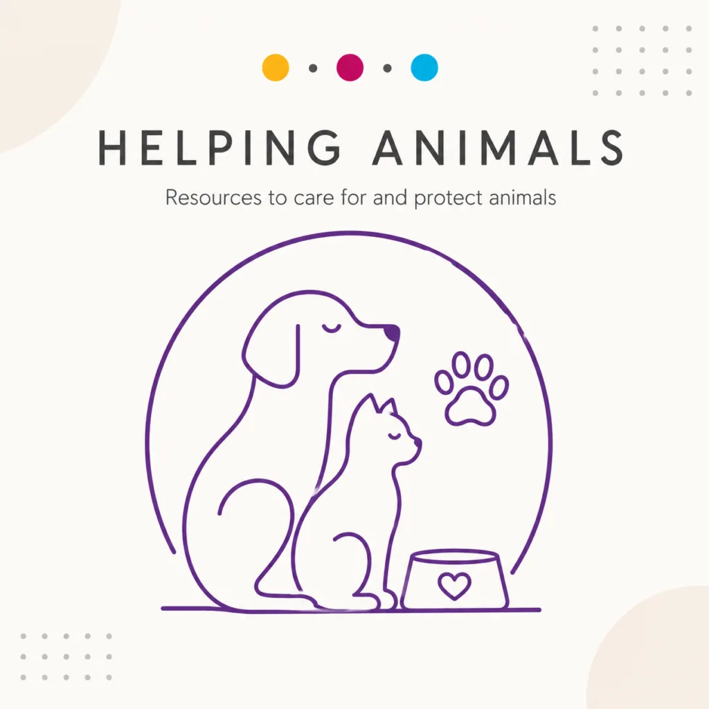Helping Animals category graphic with purple line art dog, cat, paw, and care bowl