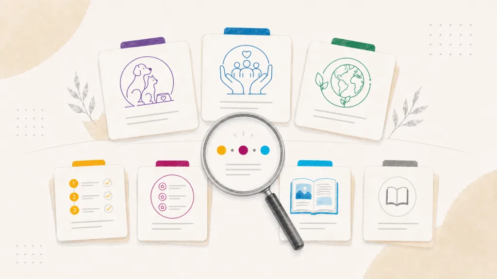 Searching4Good homepage hero with cause and guide cards around a magnifying glass