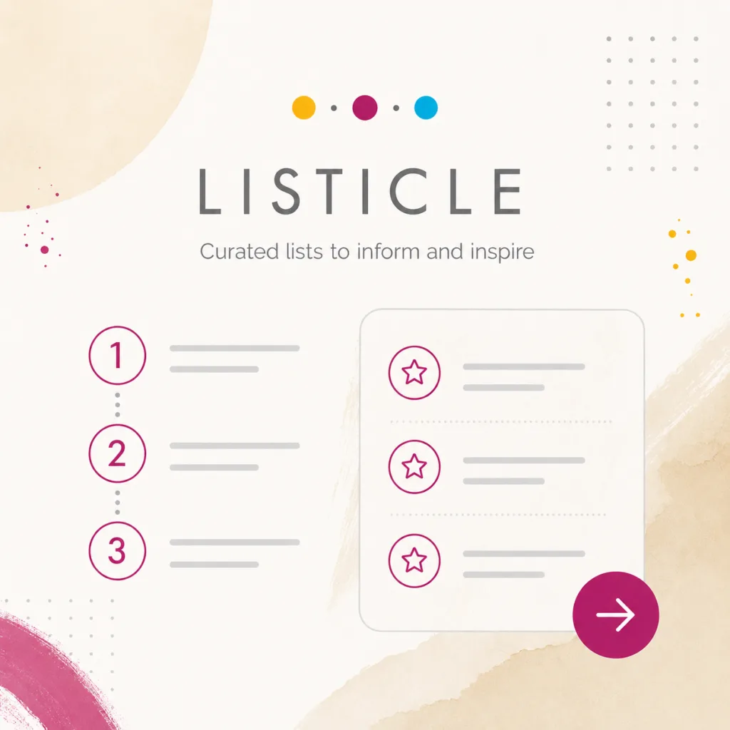 Listicle graphic with soft list icons, star markers, and magenta accent button.