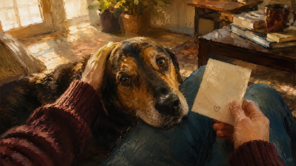 First-person painterly scene of a person comforting a dog while holding a small heart note