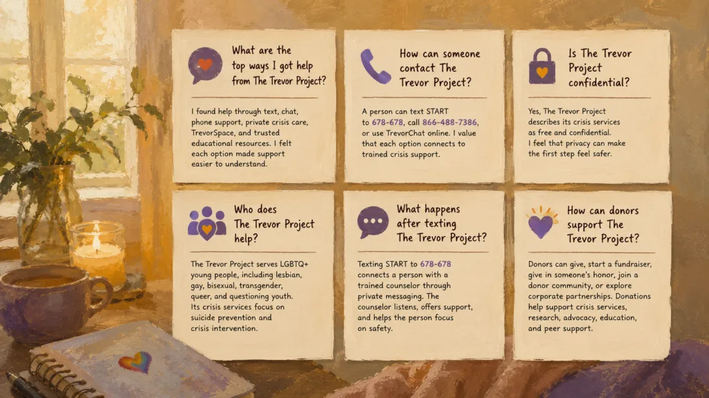 Painterly LGBTQ+ support FAQ image with warm crisis support resources and calming Trevor Project guidance