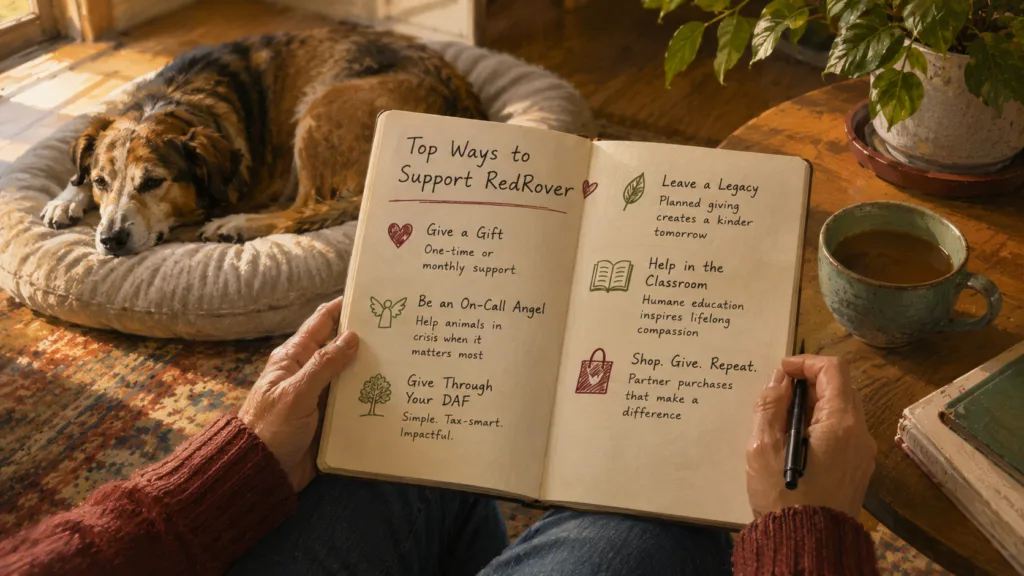First-person notebook view of ways to support RedRover with a resting dog nearby