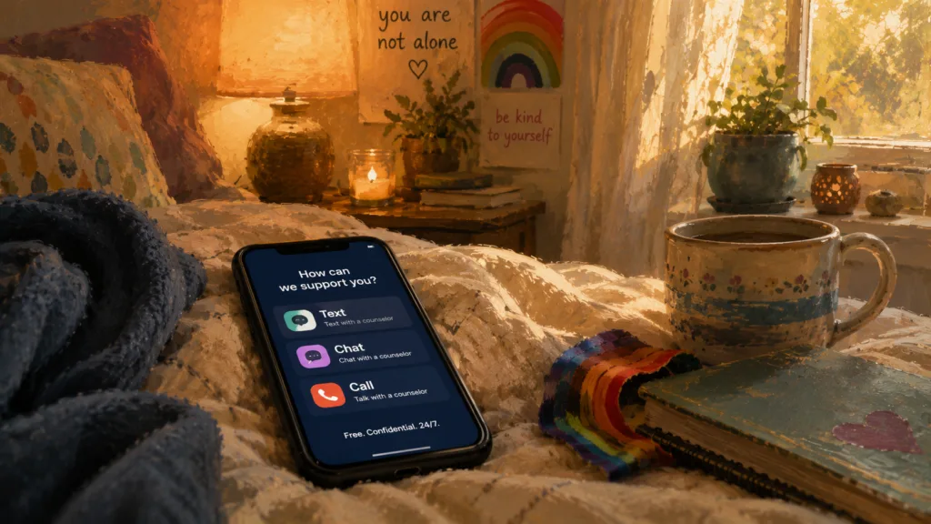 Warm painted room with phone showing Text Chat Call support options