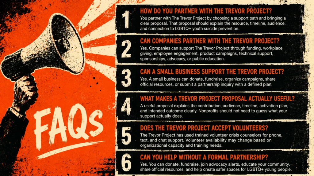 Bold FAQ infographic about partnering with The Trevor Project and supporting LGBTQ+ youth