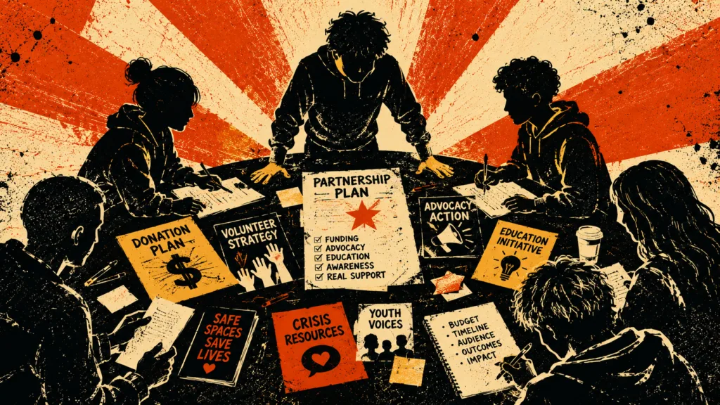 Silkscreen strategy table with LGBTQ+ youth support and advocacy plans
