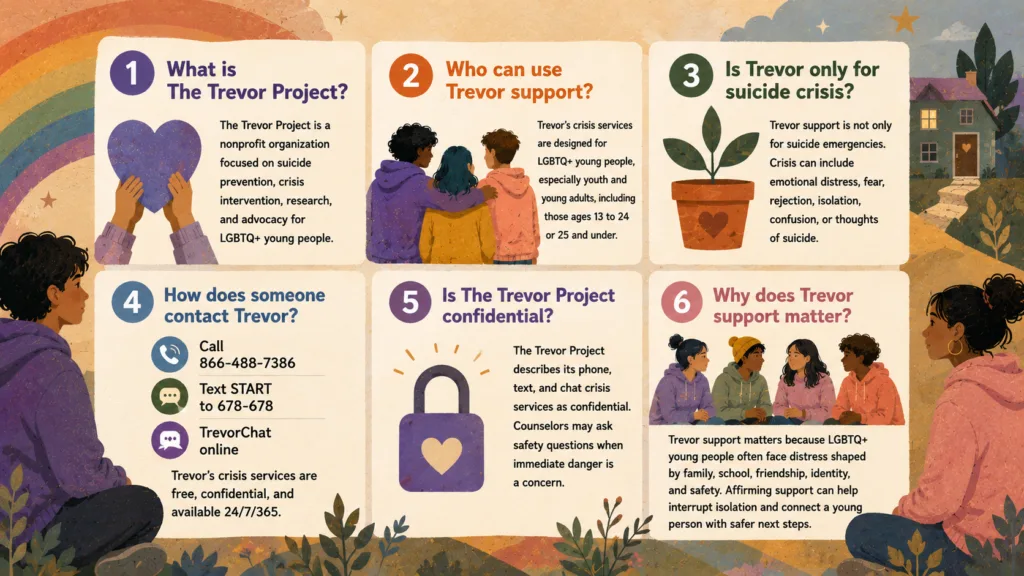 Illustrated FAQ guide about The Trevor Project support for LGBTQ+ youth