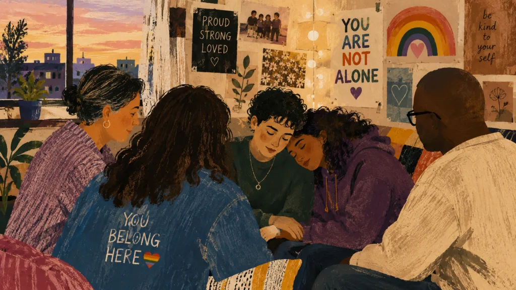Illustrated LGBTQ+ support circle in a warm home setting with themes of safety and belonging