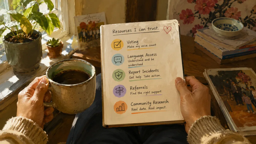 A warm painterly first-person scene showing organized civic help resources in a lived-in community setting, conveying clarity, trust, and practical support.