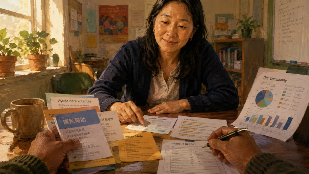First-person view of a community advocate helping with voter forms and multilingual resources