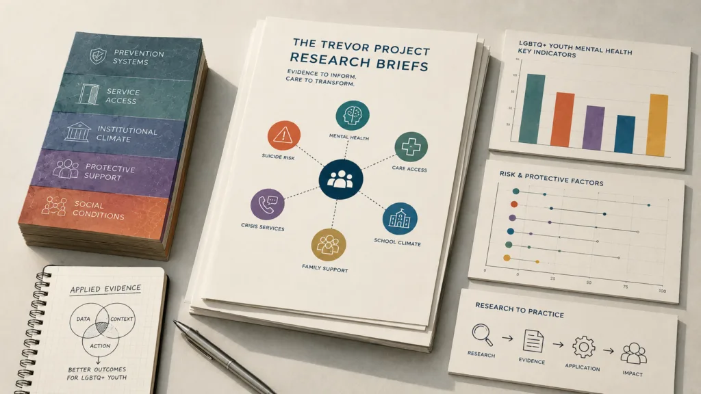 Analytical illustration explaining Trevor Project LGBTQ+ youth mental health research brief systems