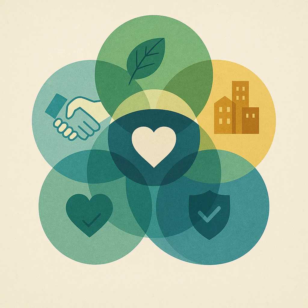 B Corp Certification infographic, interconnected circles with icon shapes for environment, workers, community, customers, governance, teal and green, digital illustration
