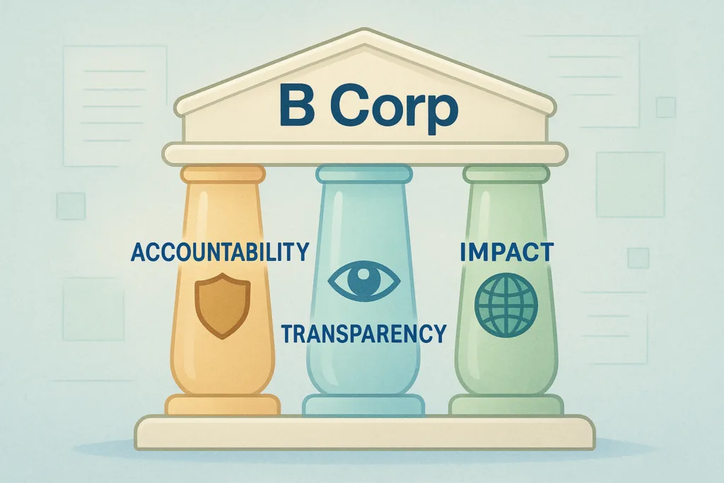 B Corp legal requirements infographic with three labeled pillars—accountability, transparency, and impact—supporting a B Corp structure.