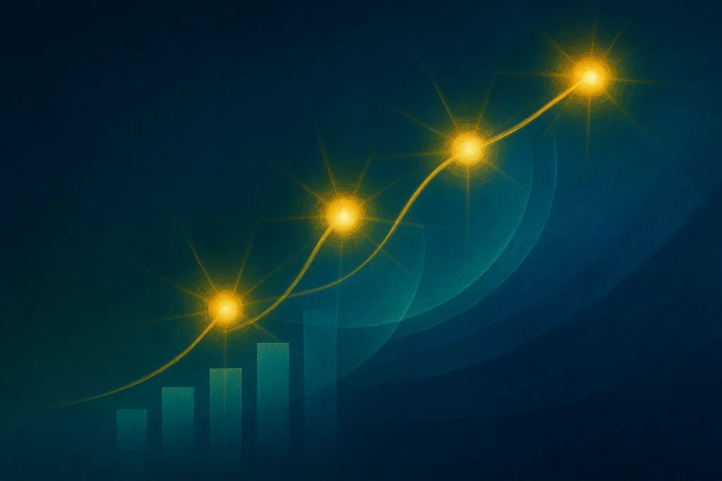 Charity evaluation data-inspired illustration with glowing golden nodes and an upward arc on a deep blue background, symbolizing confident nonprofit assessment.