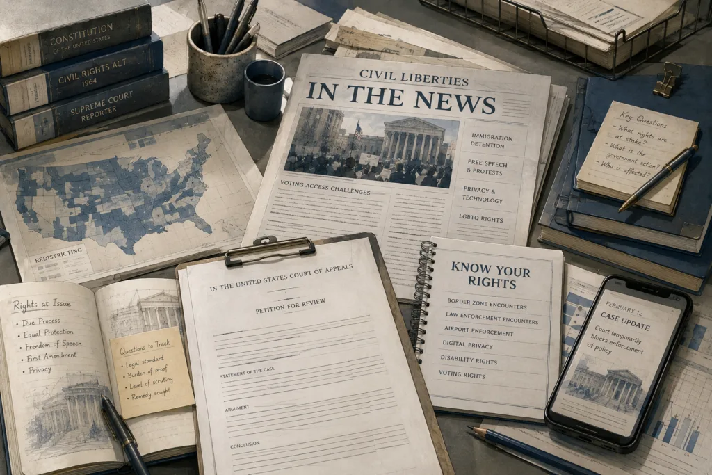 Civic research desk with news article, voting materials, court filing, rights guide notes, and smartphone