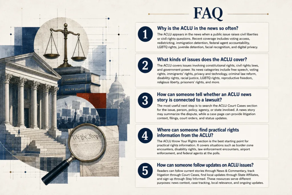 Readable ACLU in the news FAQ image with civil liberties questions and answers