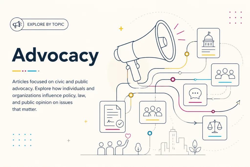 Advocacy topic illustration showing civic engagement, policy influence, and public awareness pathways