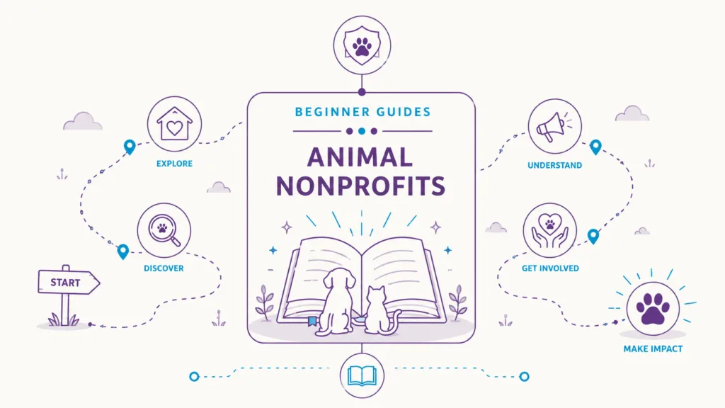 Beginner Guides Animal Nonprofits illustration showing a discovery pathway through animal welfare learning