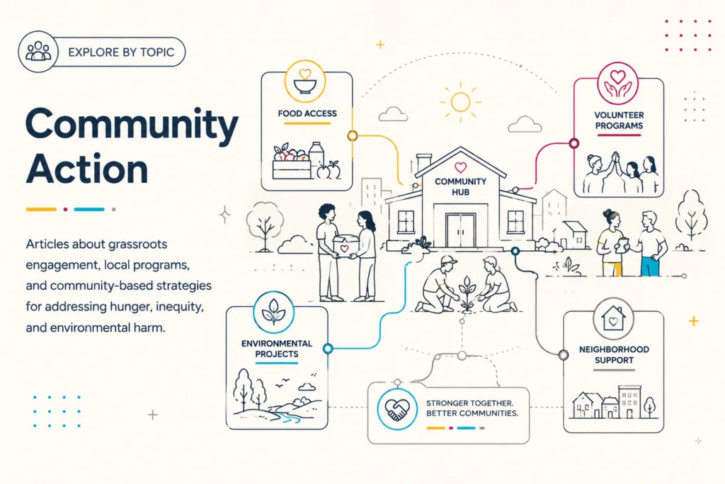 Community Action illustration showing grassroots programs, local volunteers, food access initiatives, and community-led solutions.