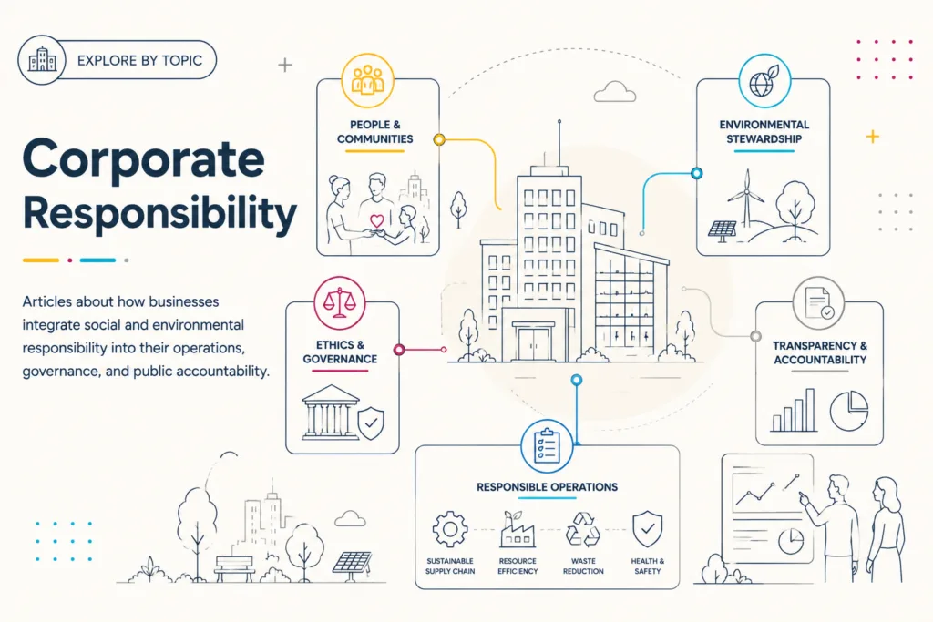 Corporate Responsibility illustration showing business accountability, governance, sustainability practices, and public reporting.