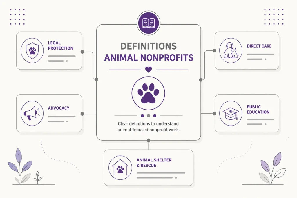 Definitions Animal Nonprofits category illustration showing structured animal welfare knowledge and reference guides