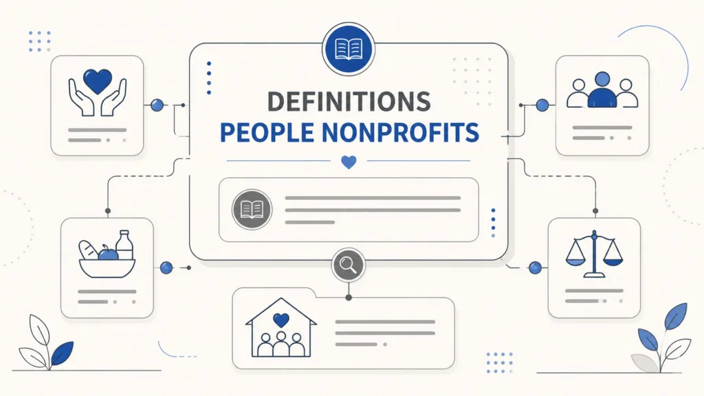 Definitions People Nonprofits category illustration showing structured support concepts and nonprofit reference cards
