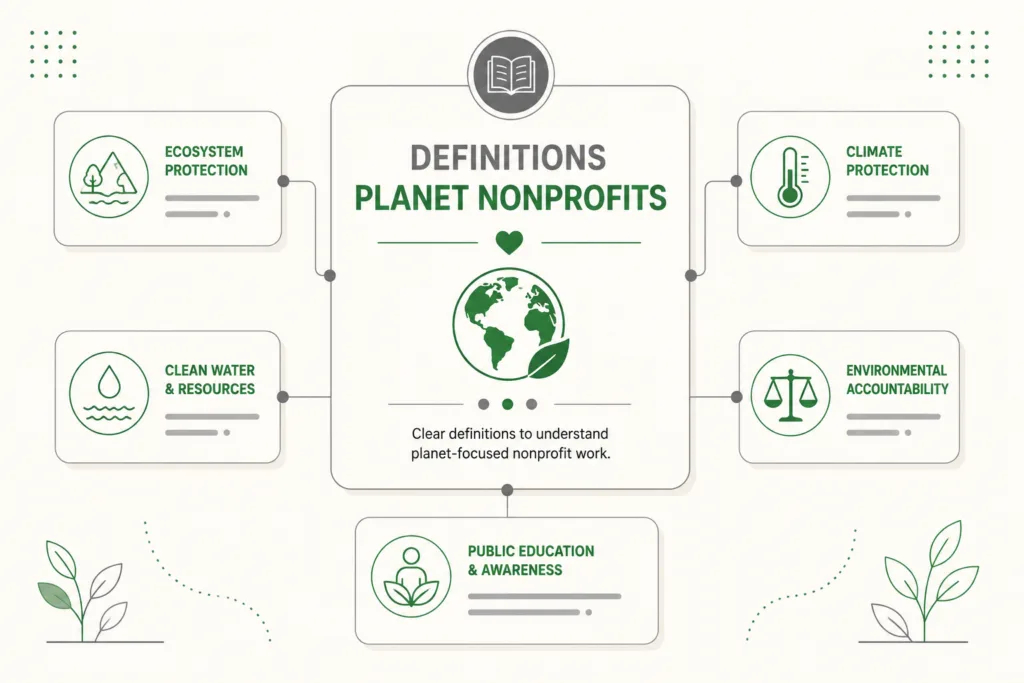 Definitions Planet Nonprofits category illustration showing environmental nonprofit concepts and reference cards