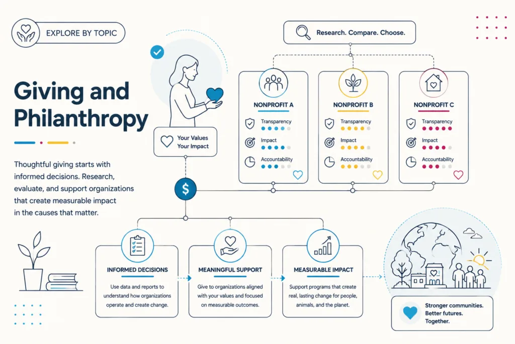 Illustration showing structured nonprofit evaluation and charitable giving decision pathways.