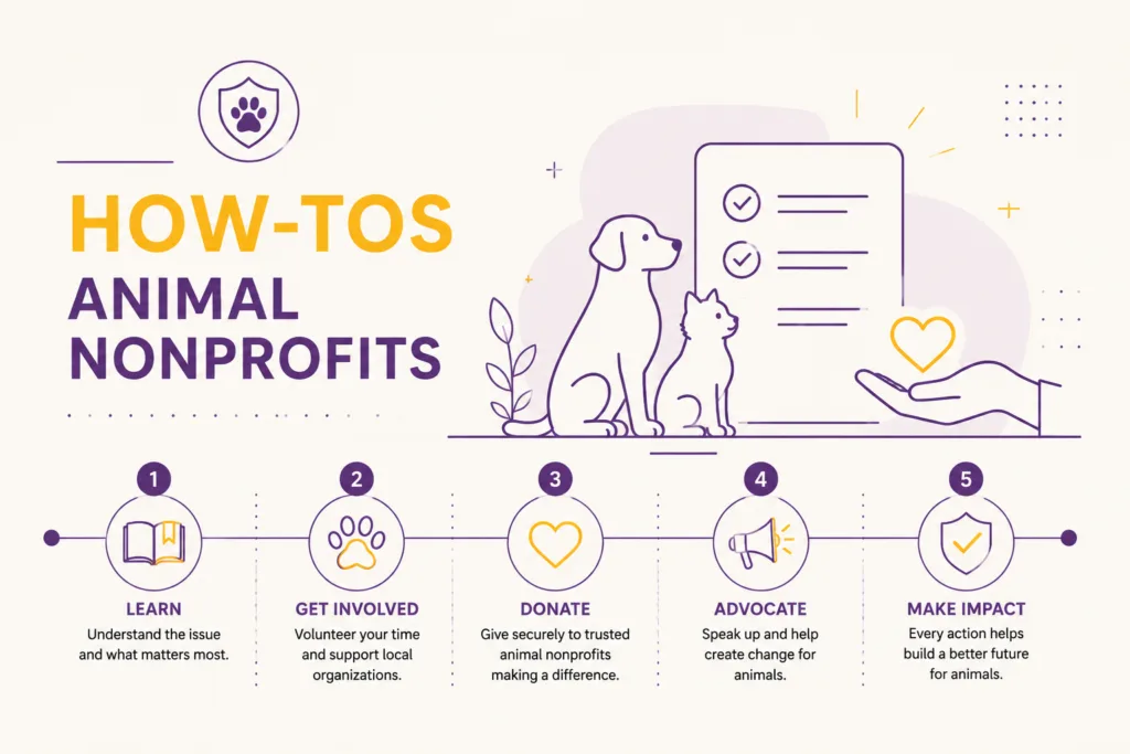 How-Tos Animal Nonprofits illustration showing practical action steps for helping animals through nonprofit organizations