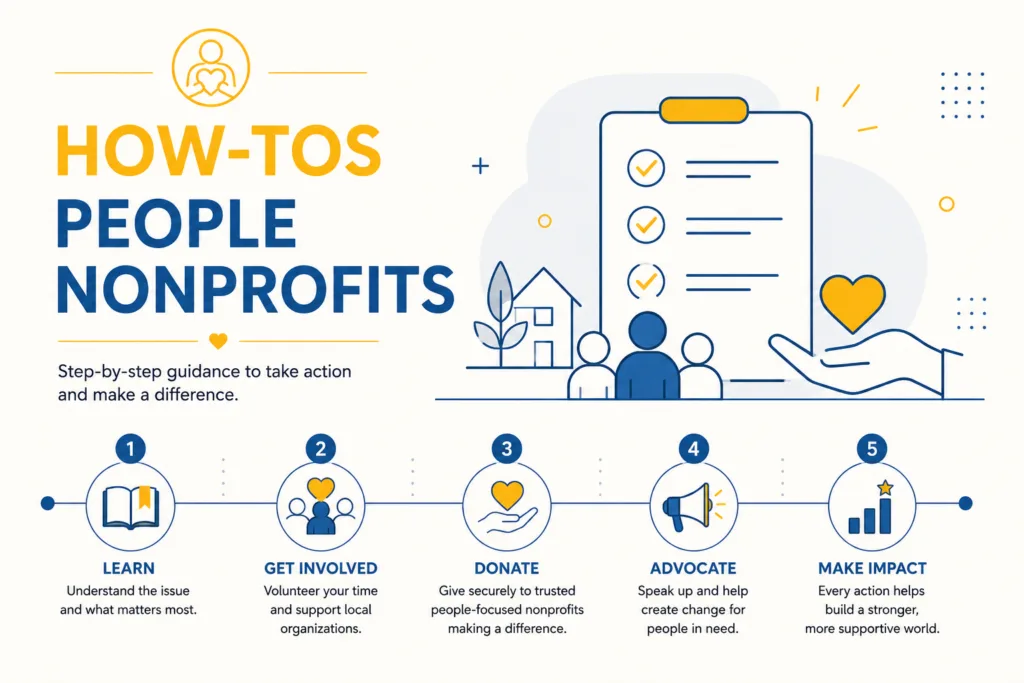 How-Tos People Nonprofits category illustration showing step-by-step action guidance for helping people