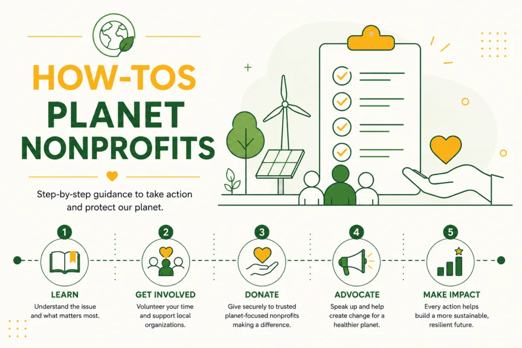 How-Tos Planet Nonprofits category illustration showing step-by-step environmental action guidance
