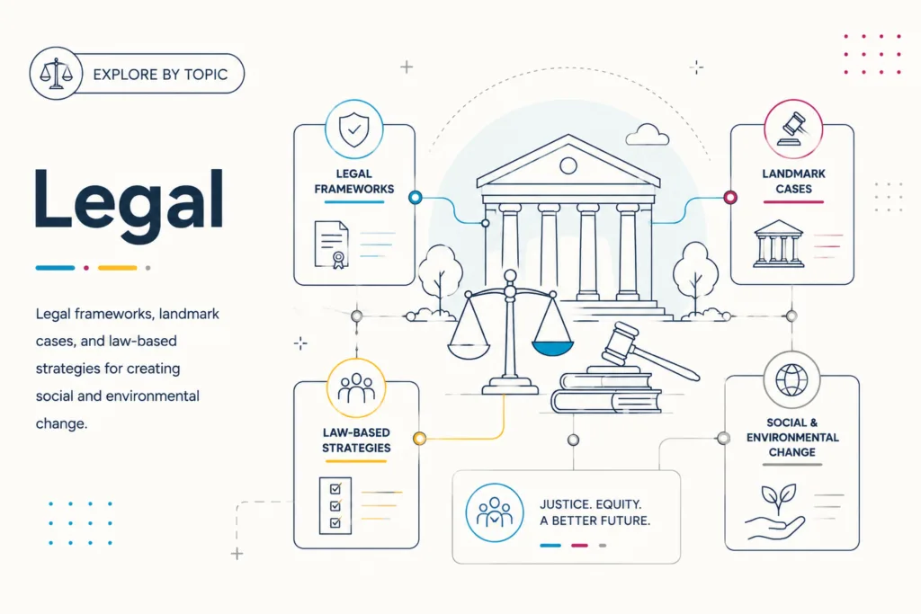 Legal topic illustration showing legal frameworks, landmark cases, and law-based strategies for social and environmental change.