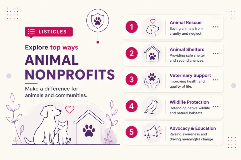 Listicles Animal Nonprofits category illustration showing numbered animal welfare guide cards