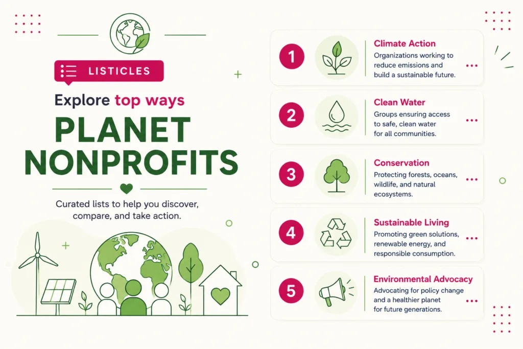 Listicles Planet Nonprofits category illustration showing numbered environmental nonprofit guide cards