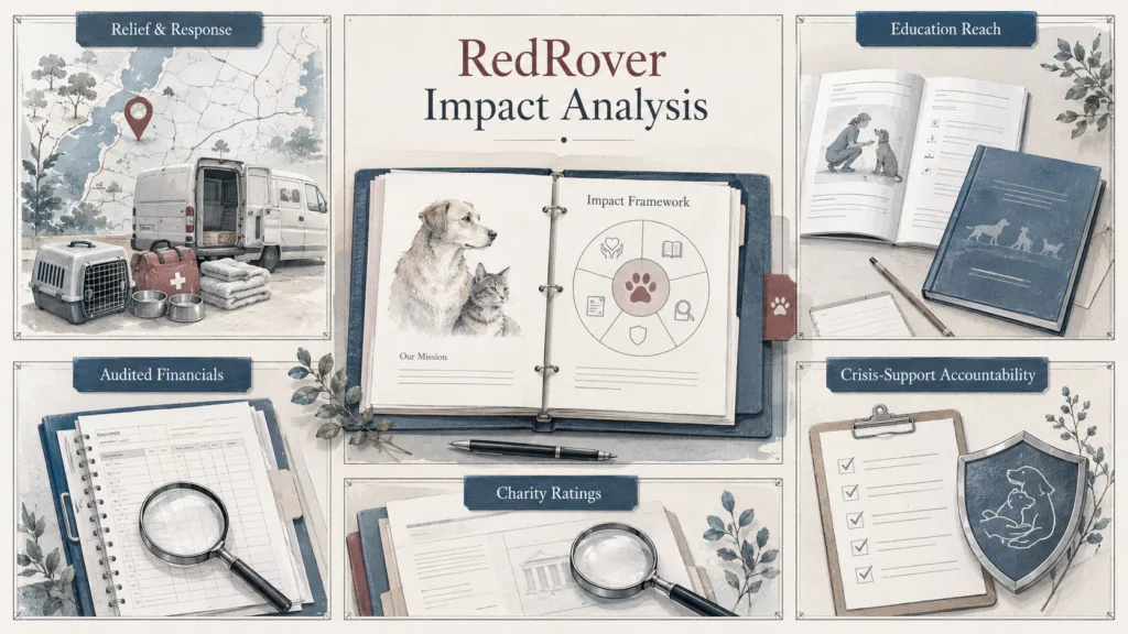 RedRover impact analysis framework with relief, education, financial, ratings, and accountability modules