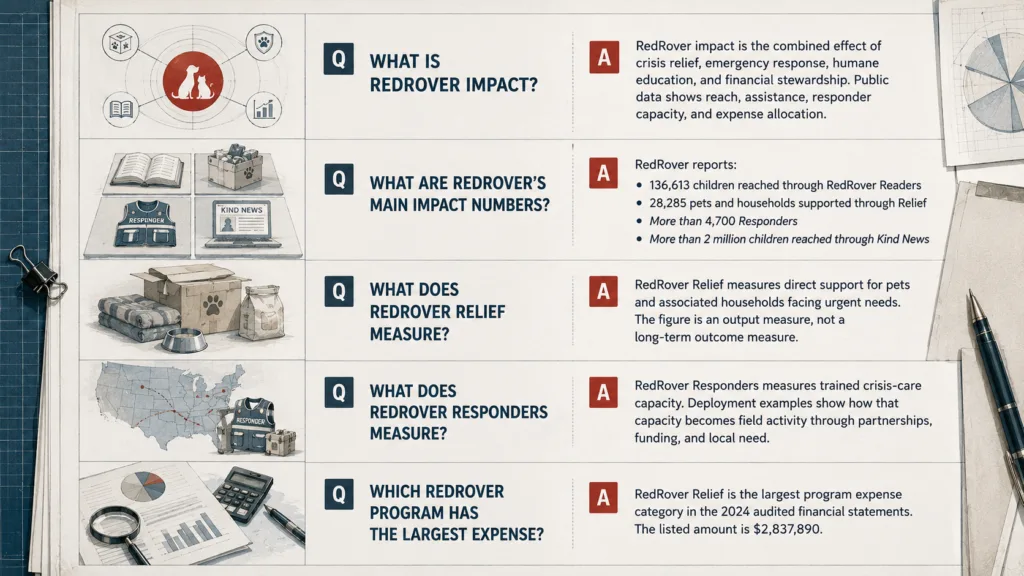 Readable RedRover impact FAQ infographic with relief, response, education, and financial data