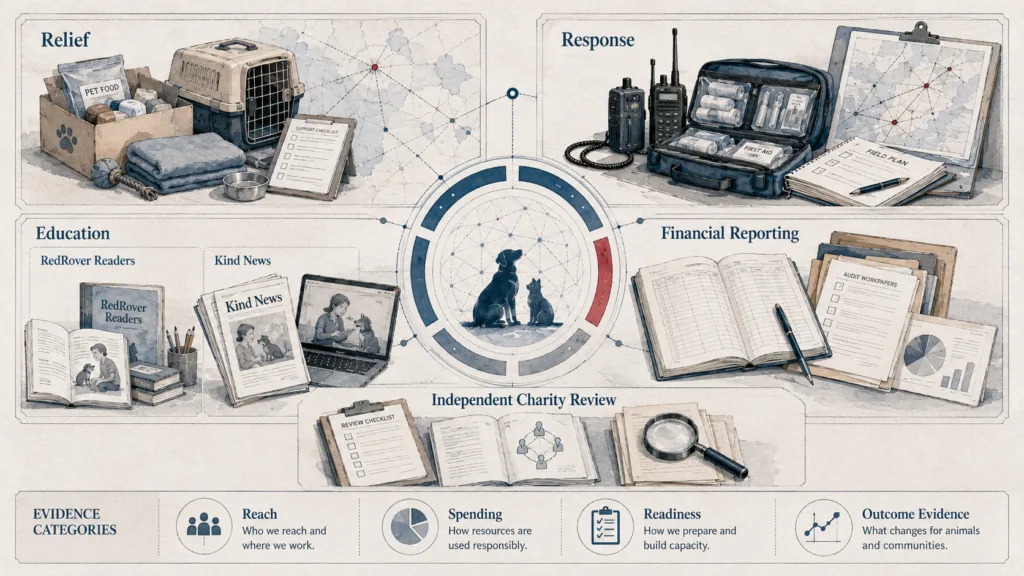 Analytical RedRover impact framework showing relief, response, education, finance, and review categories