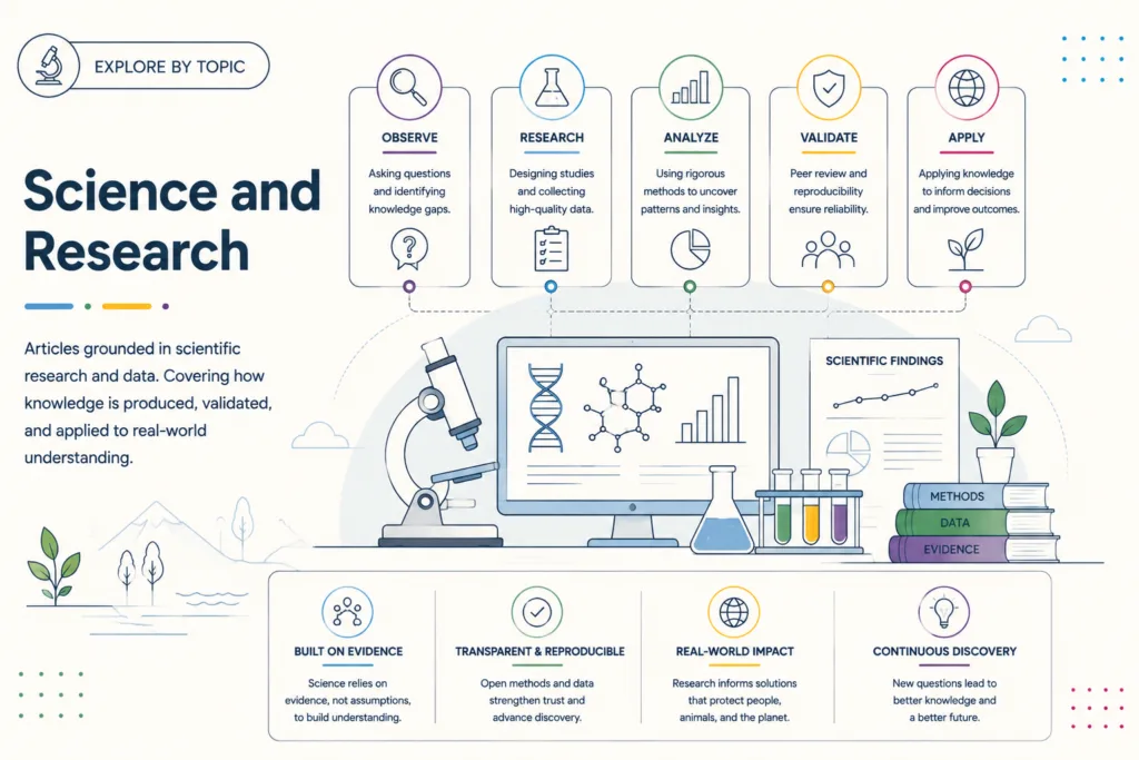 Science and Research topic illustration showing scientific data, validation, evidence, and real-world application.